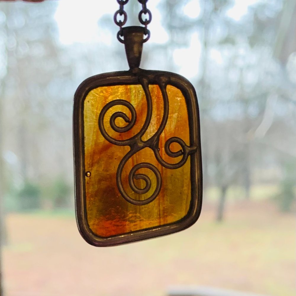 Abstract amber stained glass pendant necklace